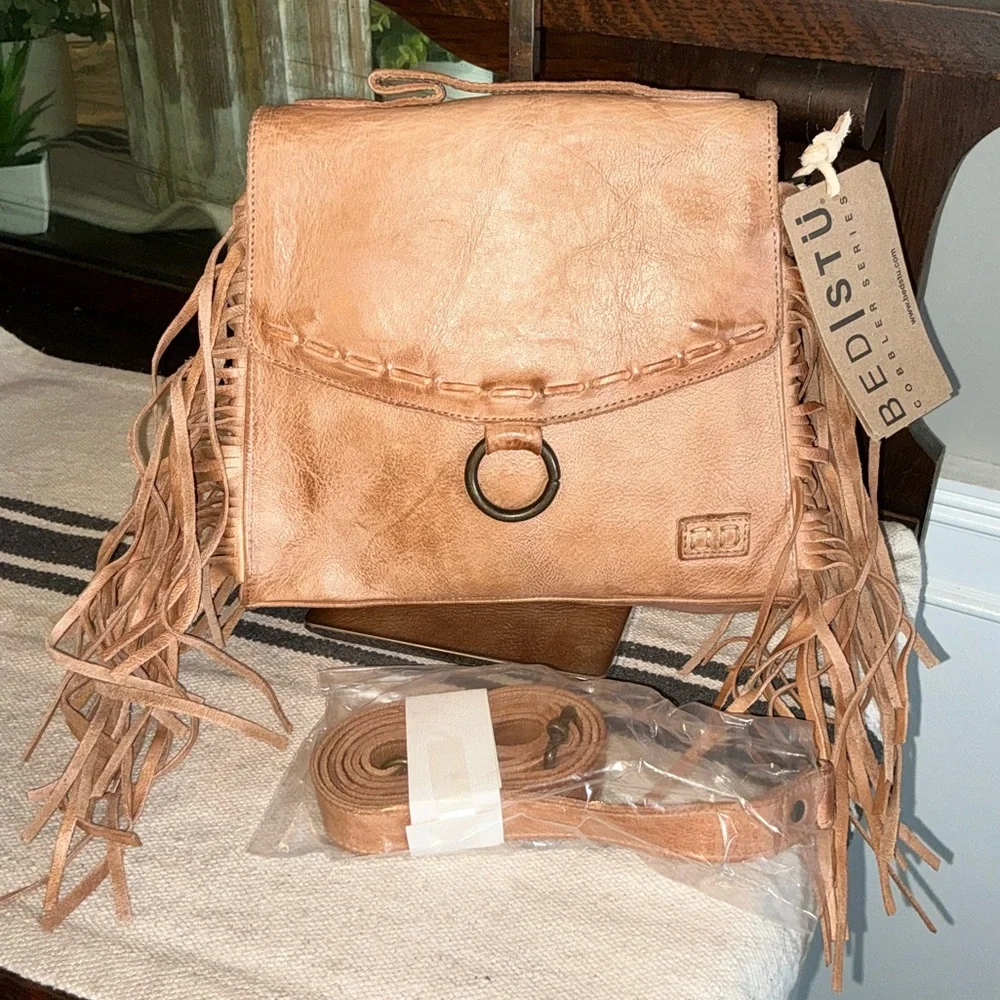 NWT Bed Stu Fringe Leather Hidden Crossbody Bag Handbag Tan DD  Retail $245